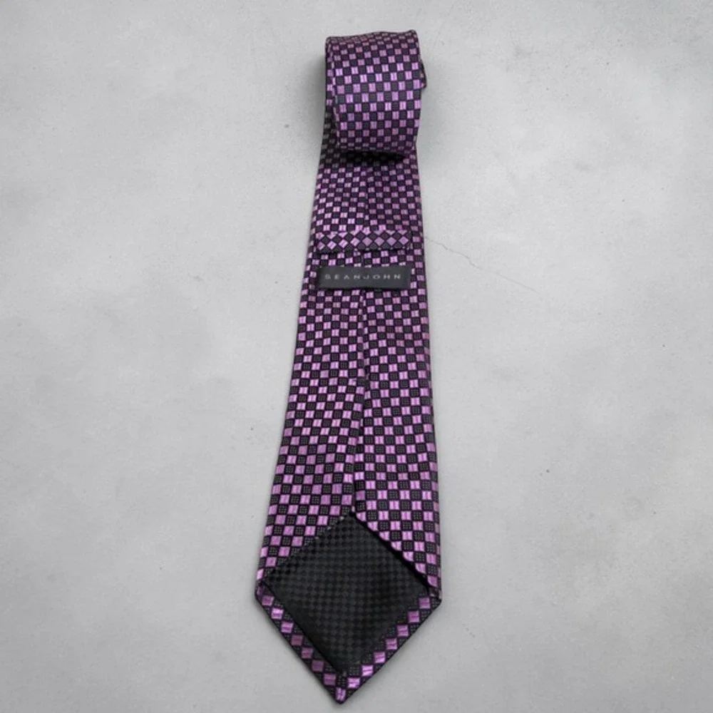 Sean John Silk Tie Mens Pink Black Checkered Grid Square Pattern VTG Y2K 3.5